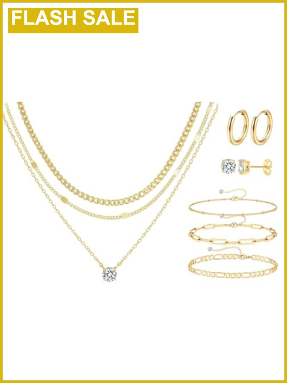 14K Gold Plated Layered Necklace Bracelet Earring Set Gift Box